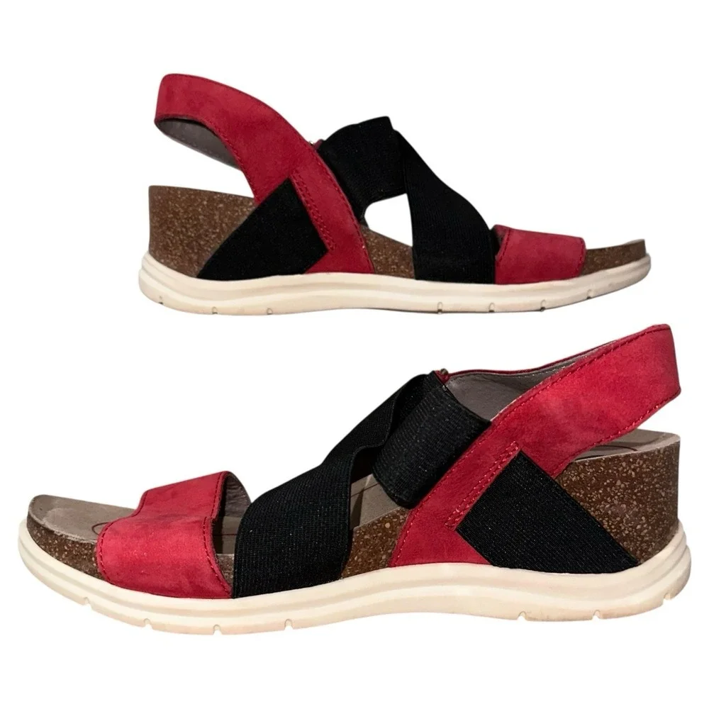 Bionica Women's 8.5M Red Leather Slingback‎ Wedge Sandals Comfort Cork Footbed